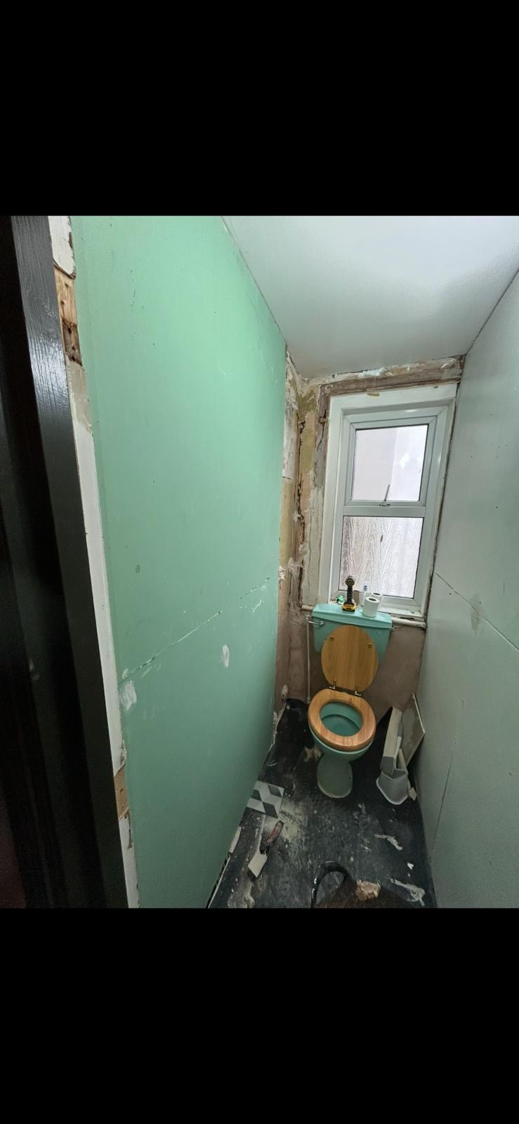 Old cloakroom with green walls and dated toilet before renovation